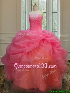 Modest Sleeveless Floor Length Embroidery and Pick Ups Lace Up Quinceanera Gowns with Watermelon Red