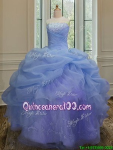Stylish Blue Organza Lace Up Strapless Sleeveless Floor Length 15 Quinceanera Dress Embroidery and Pick Ups