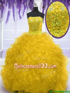 Shining Strapless Sleeveless Brush Train Lace Up Quinceanera Gown Gold Organza