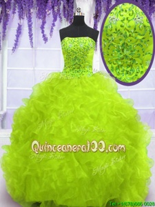 Customized Yellow Green Strapless Neckline Beading and Appliques and Ruffles Quinceanera Dresses Sleeveless Lace Up