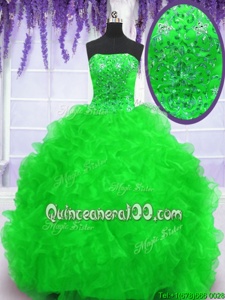 Elegant With Train Spring Green Quince Ball Gowns Strapless Sleeveless Brush Train Lace Up