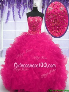 Vintage Strapless Sleeveless Organza Quince Ball Gowns Beading and Ruffles Brush Train Lace Up