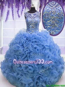 Suitable Scoop Sleeveless Quinceanera Gowns Floor Length Beading and Ruffles Baby Blue Organza