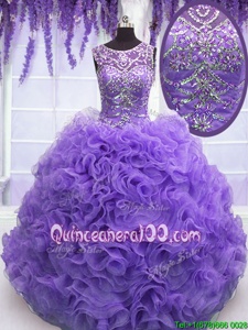 Beautiful Scoop Lavender Sleeveless Beading and Ruffles Floor Length 15th Birthday Dress