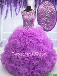 Popular Lilac Ball Gowns Scoop Sleeveless Organza Floor Length Lace Up Beading and Ruffles Sweet 16 Dresses