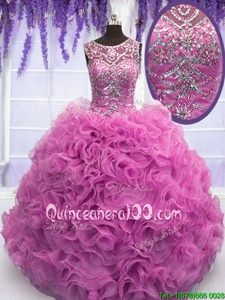 Fitting Scoop Floor Length Lace Up 15th Birthday Dress Lilac and In forMilitary Ball and Sweet 16 and Quinceanera withBeading and Ruffles