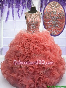 On Sale Scoop Sleeveless Organza 15th Birthday Dress Beading and Ruffles Lace Up