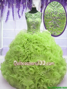 Graceful Spring Green Organza Lace Up Scoop Sleeveless Floor Length Sweet 16 Dresses Beading and Ruffles