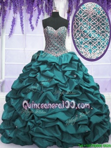 Eye-catching Floor Length Lace Up Sweet 16 Quinceanera Dress Teal and In forMilitary Ball and Sweet 16 and Quinceanera withBeading and Sequins and Pick Ups