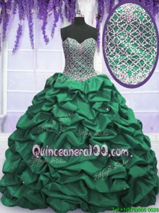 Dark Green Taffeta Lace Up Ball Gown Prom Dress Sleeveless Floor Length Beading and Sequins and Pick Ups