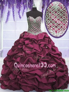 Fashion Burgundy Ball Gowns Beading and Sequins and Pick Ups Sweet 16 Quinceanera Dress Lace Up Taffeta Sleeveless Floor Length