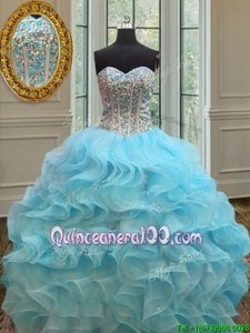 Unique Floor Length Lace Up 15 Quinceanera Dress Baby Blue and In forMilitary Ball and Sweet 16 and Quinceanera withBeading and Ruffles
