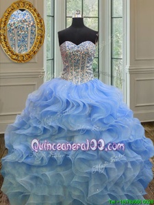 Most Popular Sweetheart Sleeveless Lace Up 15 Quinceanera Dress Blue Organza