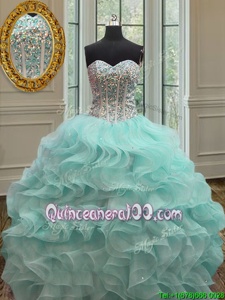 High End Apple Green Ball Gowns Sweetheart Sleeveless Organza Floor Length Lace Up Beading and Ruffles Quince Ball Gowns