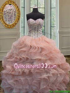 Dramatic Peach Ball Gowns Organza Sweetheart Sleeveless Beading and Ruffles Floor Length Lace Up Quinceanera Dress