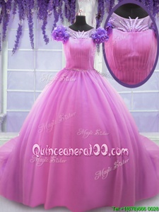 New Arrival Scoop Short Sleeves Lace Up Floor Length Hand Made Flower Quinceanera Gown