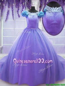 Scoop Lavender Short Sleeves Court Train Hand Made Flower Quinceanera Dresses