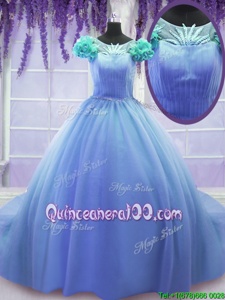 Scoop Short Sleeves Quinceanera Gown Court Train Hand Made Flower Purple Tulle