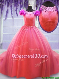 Deluxe Scoop Short Sleeves Hand Made Flower Lace Up 15 Quinceanera Dress with Watermelon Red Court Train