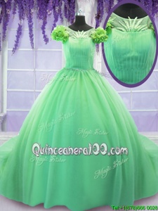 Nice Scoop Green Short Sleeves Hand Made Flower Lace Up 15 Quinceanera Dress