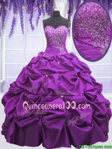 Super Purple Ball Gowns Appliques and Pick Ups Quinceanera Gown Lace Up Taffeta Sleeveless Floor Length