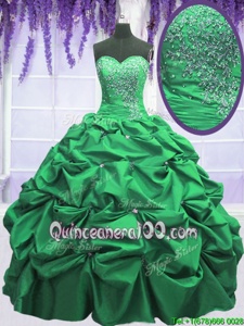Elegant Taffeta Sweetheart Sleeveless Lace Up Beading and Pick Ups Quince Ball Gowns inGreen