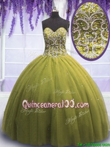 Classical Olive Green Sleeveless Floor Length Beading and Appliques Lace Up Quinceanera Gown