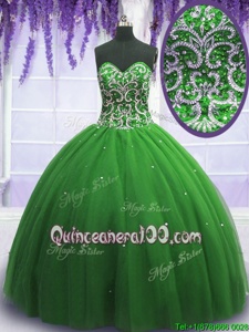 Popular Green Ball Gowns Tulle Sweetheart Sleeveless Beading Floor Length Lace Up Quinceanera Dress