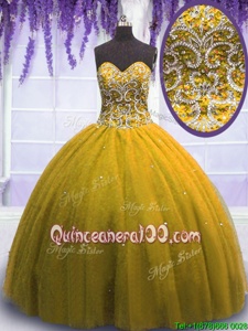 Glamorous Floor Length Yellow Quinceanera Dress Tulle Sleeveless Spring and Summer and Fall and Winter Beading