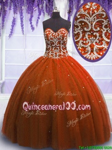 Dazzling Floor Length Rust Red Quinceanera Gown Sweetheart Sleeveless Lace Up