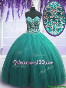 Sophisticated Ball Gowns 15th Birthday Dress Turquoise Sweetheart Tulle Sleeveless Floor Length Lace Up