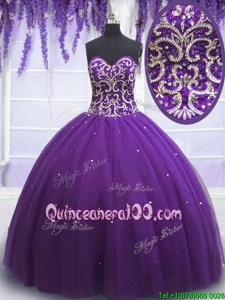 Modern Beading Quinceanera Gown Eggplant Purple Lace Up Sleeveless Floor Length