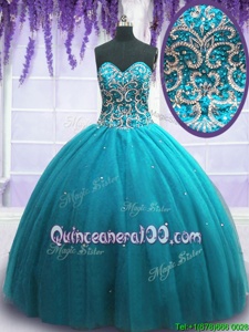 Unique Teal Lace Up Quinceanera Dresses Beading Sleeveless Floor Length