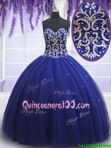 Elegant Sweetheart Sleeveless Vestidos de Quinceanera Floor Length Beading Royal Blue Tulle