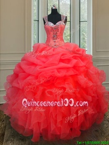 Low Price Coral Red Straps Neckline Beading and Ruffles Quinceanera Dress Sleeveless Zipper