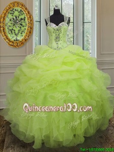 Beautiful Straps Straps Sleeveless Organza Floor Length Zipper Quinceanera Gown inYellow Green forSpring and Summer and Fall and Winter withBeading and Ruffles