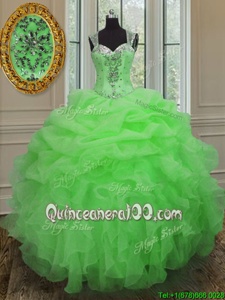 Fashion Spring Green Ball Gowns Organza Straps Sleeveless Beading and Ruffles Floor Length Zipper Vestidos de Quinceanera