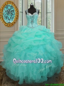 Sweet Apple Green Ball Gown Prom Dress Military Ball and Sweet 16 and Quinceanera and For withBeading and Ruffles Straps Sleeveless Zipper