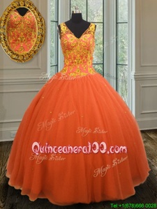 Stunning Ball Gowns Quinceanera Dress Orange V-neck Tulle Sleeveless Floor Length Zipper