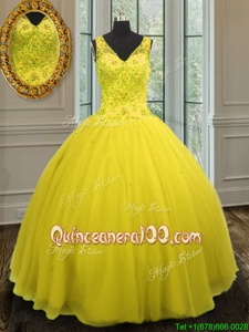 Traditional Spring and Summer and Fall and Winter Tulle Sleeveless Floor Length Sweet 16 Dress andBeading