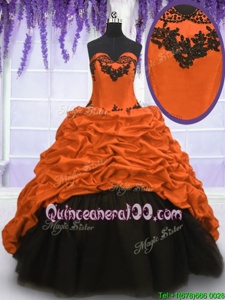 Black and Orange Ball Gowns Appliques and Pick Ups Quince Ball Gowns Lace Up Taffeta Sleeveless With Train