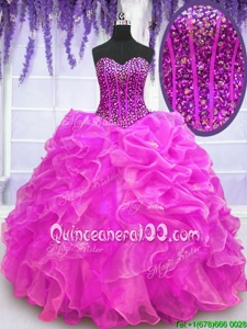 Fancy Floor Length Lace Up Ball Gown Prom Dress Fuchsia and In forMilitary Ball and Sweet 16 and Quinceanera withBeading and Ruffles