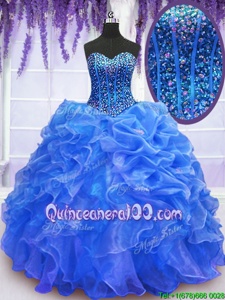 Blue Lace Up Sweetheart Beading and Ruffles 15 Quinceanera Dress Organza Sleeveless