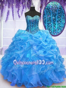 Flare Blue Ball Gowns Beading and Ruffles Sweet 16 Dress Lace Up Organza Sleeveless Floor Length