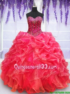 Fine Red Organza Lace Up Quince Ball Gowns Sleeveless Floor Length Beading and Appliques and Ruffled Layers