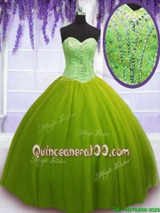 Smart Olive Green Ball Gowns Beading Quince Ball Gowns Lace Up Tulle Sleeveless Floor Length