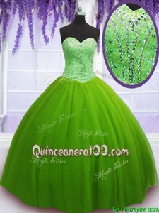Custom Design Sleeveless Tulle Floor Length Lace Up Quinceanera Gown inSpring Green forSpring and Summer and Fall and Winter withBeading