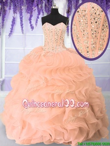 Fabulous Sweetheart Sleeveless 15 Quinceanera Dress Floor Length Beading and Ruffles Orange Organza