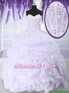 Romantic White Organza Lace Up Quinceanera Gowns Sleeveless Floor Length Beading and Ruffles