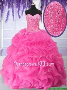 Flare Hot Pink Sweetheart Lace Up Beading and Ruffles Ball Gown Prom Dress Sleeveless